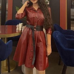 Кожанное бордовое платье - фото 4