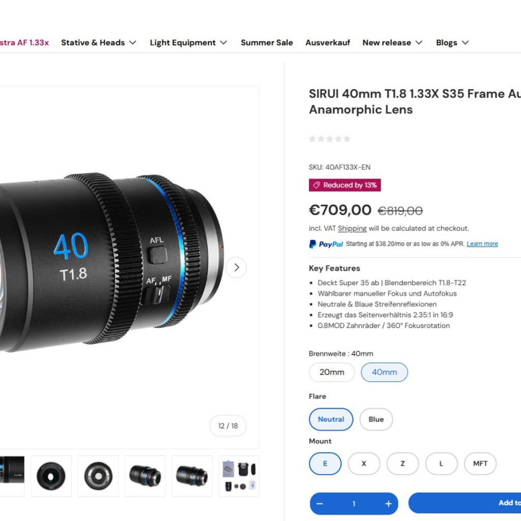 Sirui 40mm F1.8 1.33x Anamorphic AF Lens