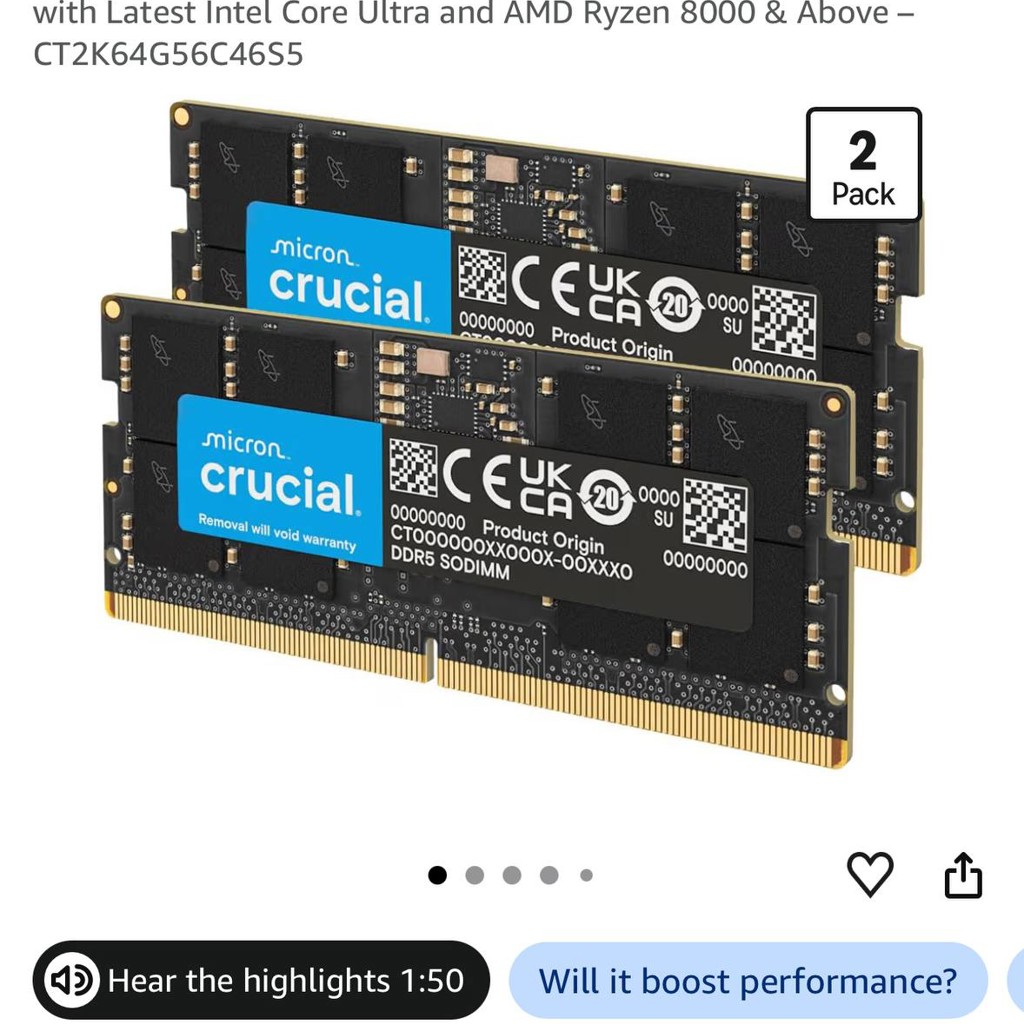 Crucial 128GB Kit (2X64GB) DDR5 RAM 5600MHz