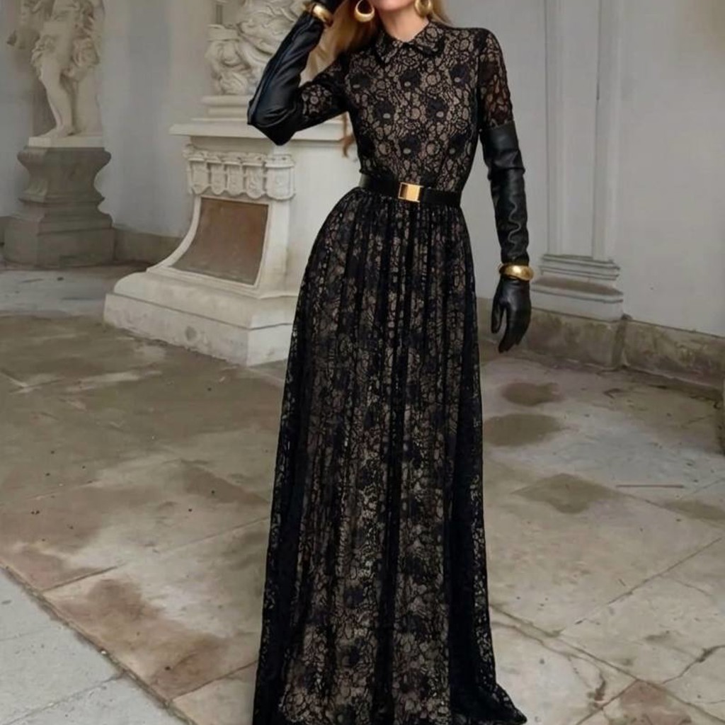 Чёрное длинное кружевное платье