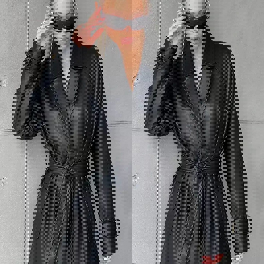 Черное пальто/плащ из эко-кожи