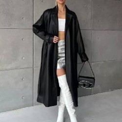 Черное пальто/плащ из эко-кожи - фото 2