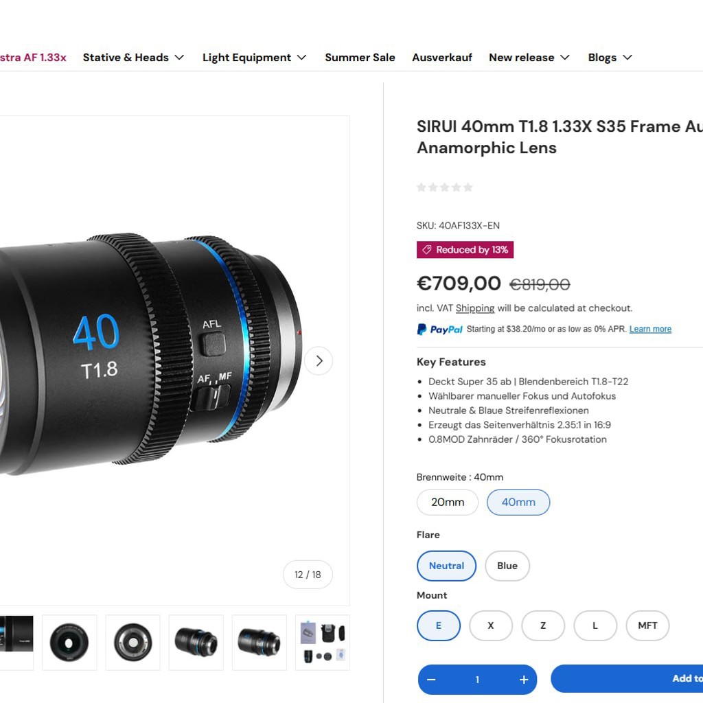 Sirui 40mm T1.8 1.33x S35 Anamorphic AF Lens