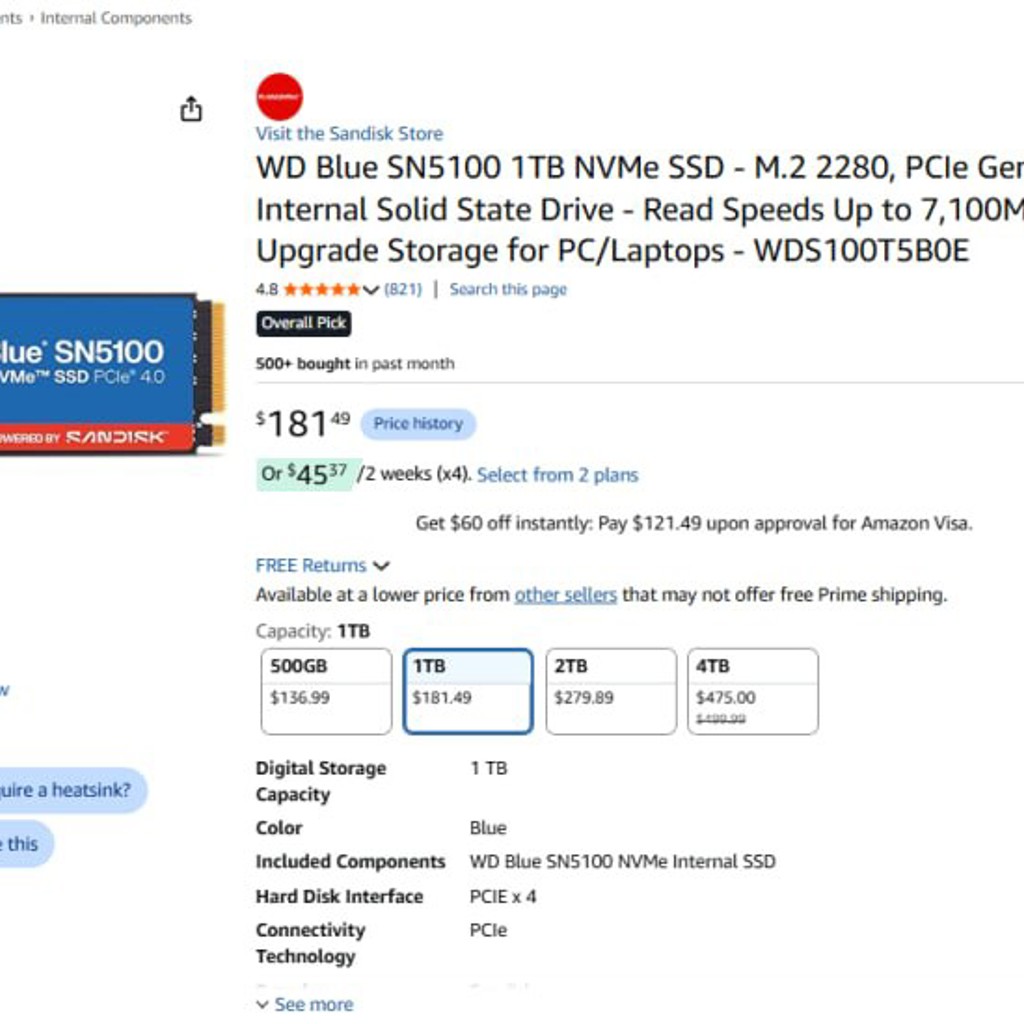 WD Blue SN5100 1TB NVMe SSD